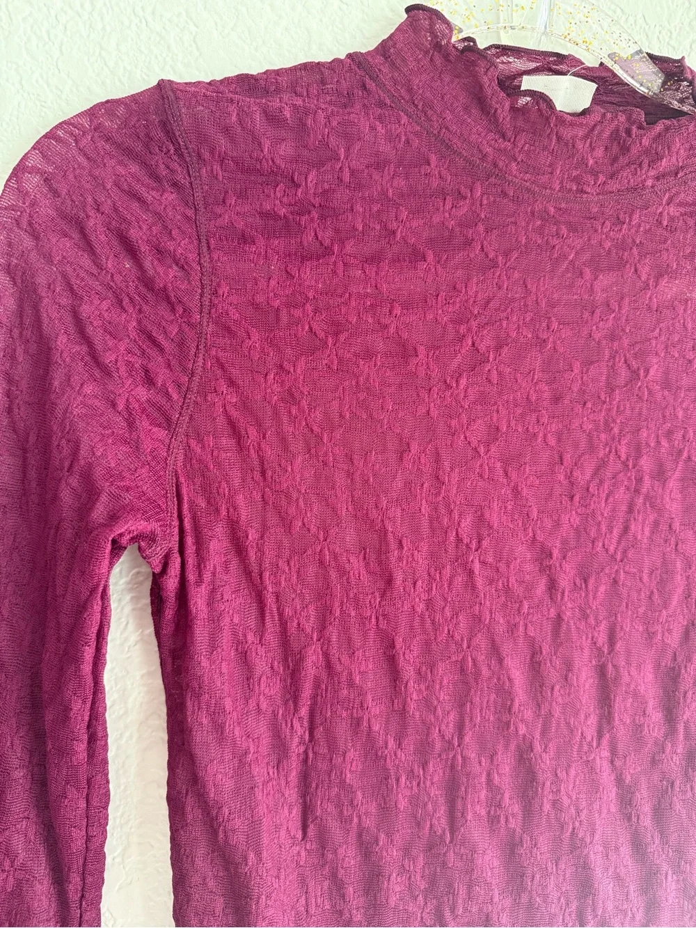 Free People Burgundy Sheer Lace Long Sleeve Top NEW